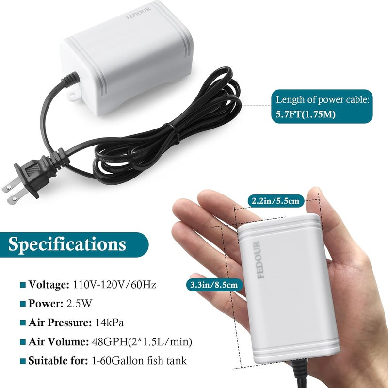FEDOUR Mini Aquarium Air Pump, 20GPH 48GPH Fish Tank Hang on Oxygen Pump, Ultra Quiet Aquarium Bubbler for up to 60 Gallon Fish Tank - Image 3